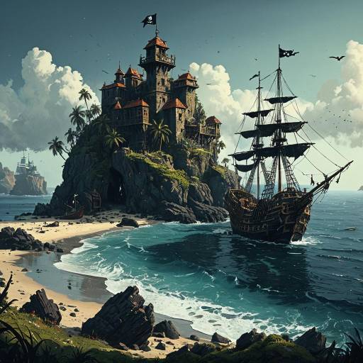 Pirate Island with Ship and Fortress