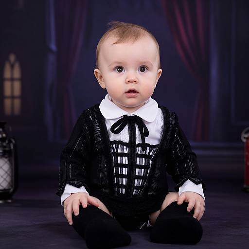 Photograph of a fair-skinned baby with light brown hair, wearing a black pinstripe suit, white shirt, and black bow tie, sitting