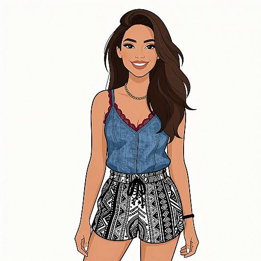 Digital illustration of a smiling woman with long brown hair, wearing a blue lace-trimmed tank top and black-white patterned shorts.