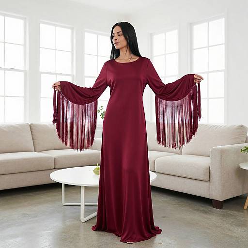 Photograph of a black-haired woman in a long, burgundy fringe dress, standing in a bright, modern living room with white sofas and large windows