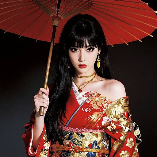 Asian woman with long black hair, red floral kimono, gold jewelry, holding red umbrella, dark background, intense gaze, photograph.