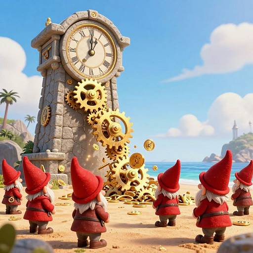 Digital artwork of five red-hatted gnomes facing a stone clock with falling gears on a sunny beach with palm trees.