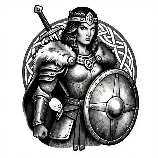 Black-and-white digital drawing of a fierce Viking woman in armor, holding a shield and sword, with a Celtic knot background.