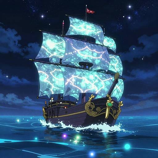 Mystical Anime Ship with Glowing Bioluminescent Sails at Night