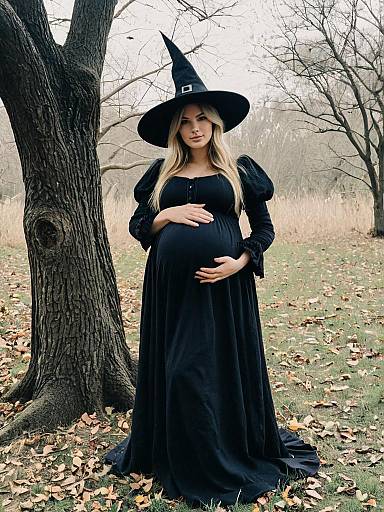 Pregnant Woman in Witch Costume Outdoors