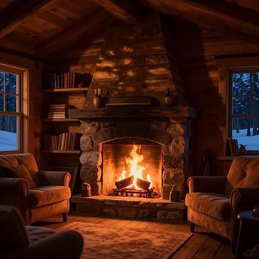 Cozy log cabin living room at night, warm fire burning in stone fireplace, two brown armchairs facing each other, snow outside windows.