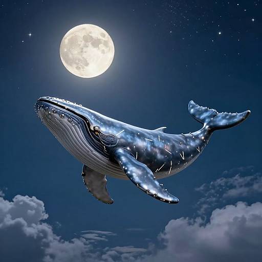 Digital artwork of a glowing blue whale soaring under a bright full moon in a starry, cloud-filled night sky.