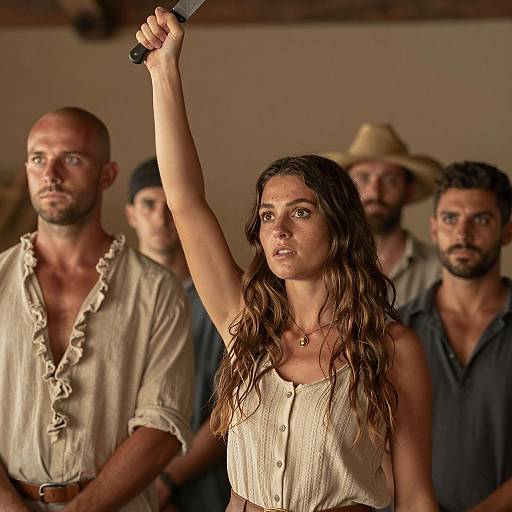 Woman Raising Knife in Rustic Group Setting