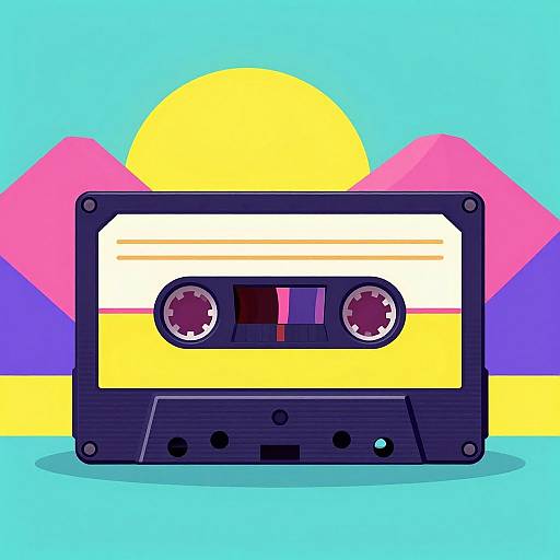 Retro Neon Cassette with Geometric Mountains