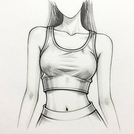 Black-and-white sketch of a woman's upper body, wearing a sports bra and high-waisted pants, with detailed line work, emphasizing her slim