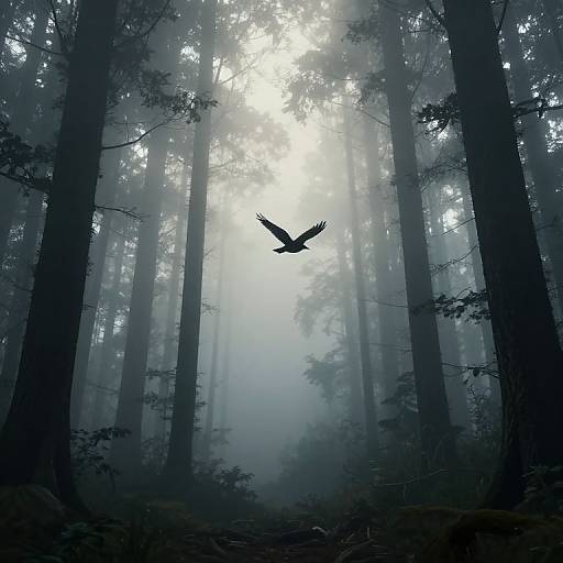 Photograph of a silhouetted bird in mid-flight, set against a misty, moonlit forest with tall, dark trees and beams of