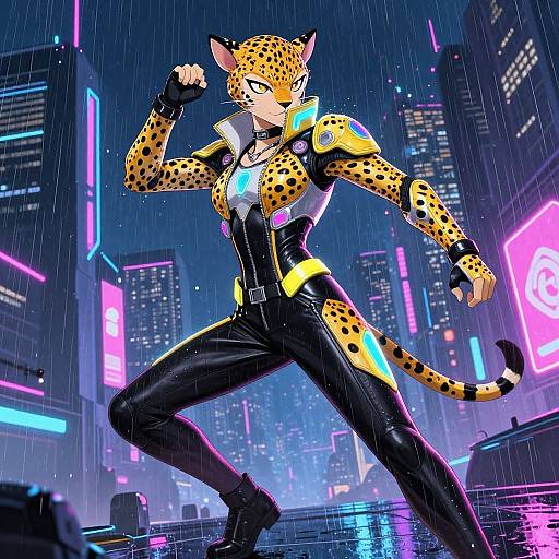 Cyber-feline warrior in a neon-lit, rainy city. Yellow-spotted, black-leather suit, glowing armor, fierce stance, neon