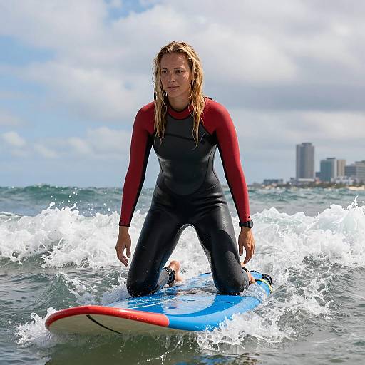 Woman Kneeling on Surfboard in Ocean