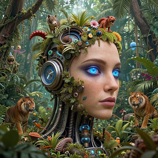 Digital art: Cybernetic woman with glowing blue eyes, forest-themed headgear with small animals, surrounded by lush jungle and two tigers.