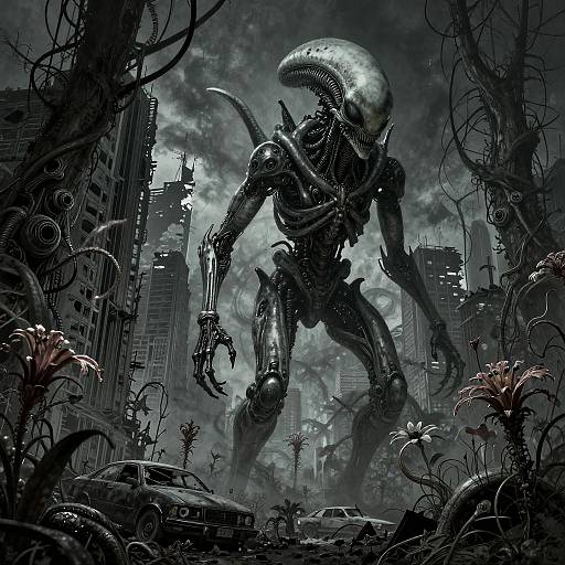 Digital artwork of a massive, biomechanical alien with a glossy exoskeleton, sharp claws, and a long tail, emerging from a dark,