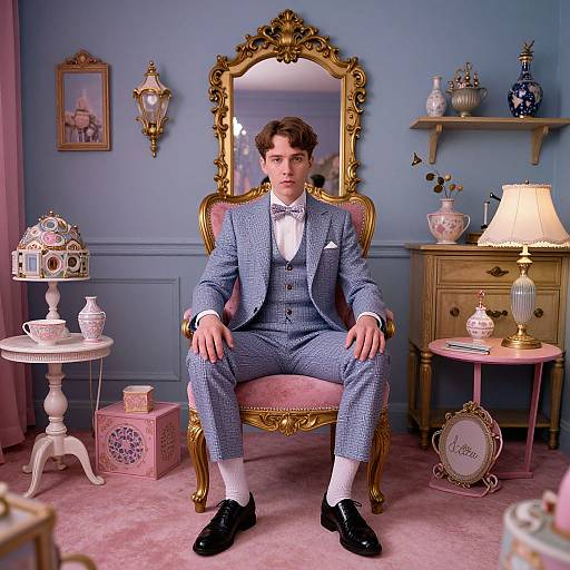 Photograph of a young man in a blue checkered suit, seated on an ornate pink chair, in an opulent Victorian-style room.