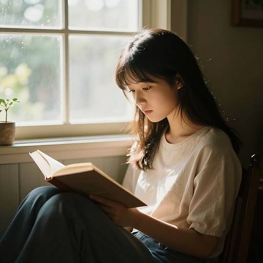 Photograph of a young Asian woman with long black hair, wearing a white sweater and blue jeans, reading a book in sunlight streaming through a window.