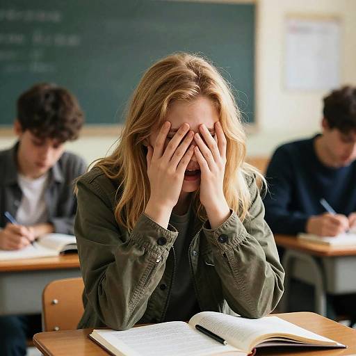 Photograph of a blonde woman with hands covering her face, sitting in a classroom, looking stressed, with open book on desk, two other students in