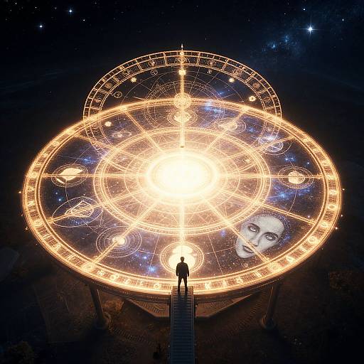 Photograph-style digital artwork: Silhouetted figure on staircase gazes at glowing, circular astrological chart with planets, zodiac signs, and