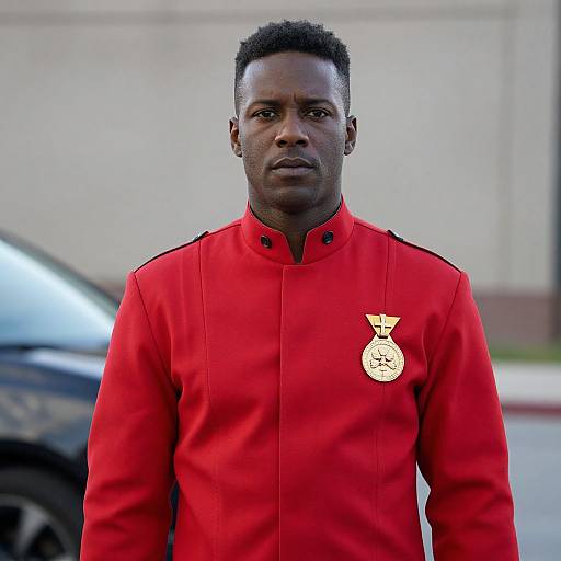 Photograph of a serious-looking Black man with short, curly hair, wearing a bright red uniform with a gold emblem, standing outdoors beside a blurred car