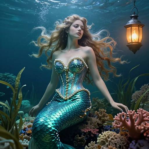 Digital art of a beautiful mermaid with long blonde hair, wearing a shimmering green scale corset and tail, floating underwater surrounded by coral, illuminated