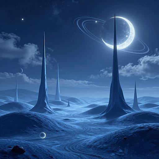 Digital artwork of a blue-tinted, moonlit planetary landscape with tall, spire-like mountains, crescent moon with rings, planets, and