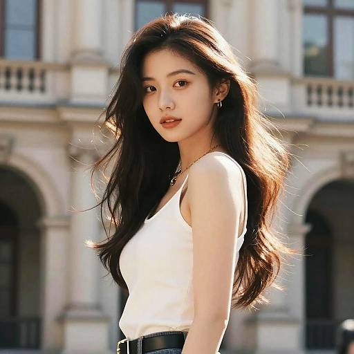 Photograph of an Asian woman with long black hair, wearing a white tank top and black skirt, standing in front of a sunlit, historic building