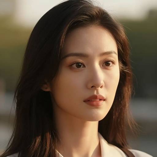 Photograph of an Asian woman with long, dark hair, fair skin, and soft brown eyes, illuminated by natural light, looking slightly to the side