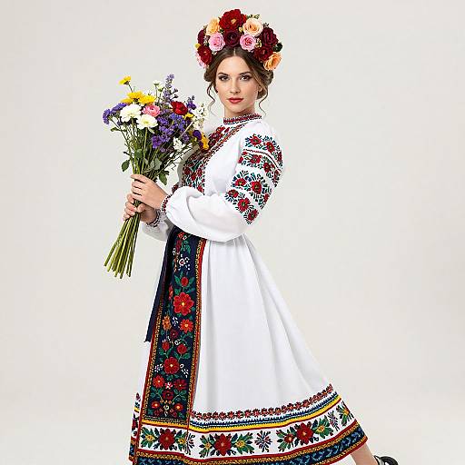 Photograph of a woman in a white, floral-embroidered dress, wearing a colorful flower crown, holding a vibrant bouquet of flowers, against
