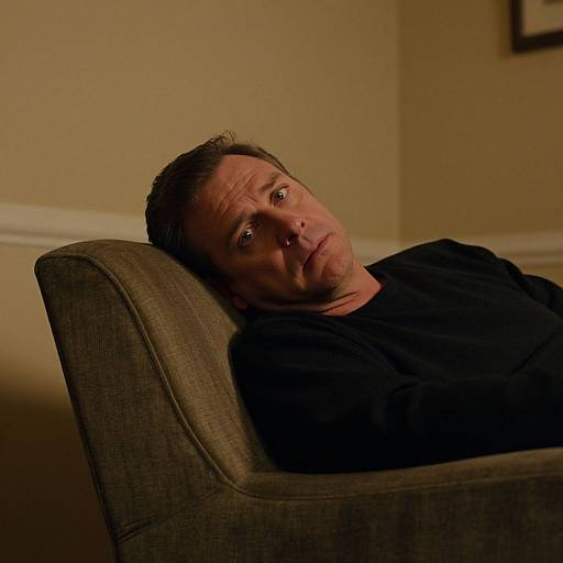 Photograph of a middle-aged man with short brown hair, wearing a black shirt, reclining in a grey upholstered armchair, looking tired and