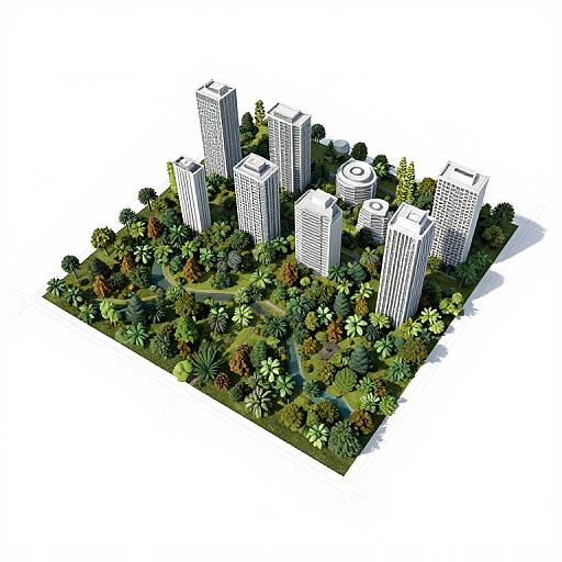 Isometric digital illustration of a cityscape with tall white skyscrapers surrounded by dense green trees and various foliage on a white background.