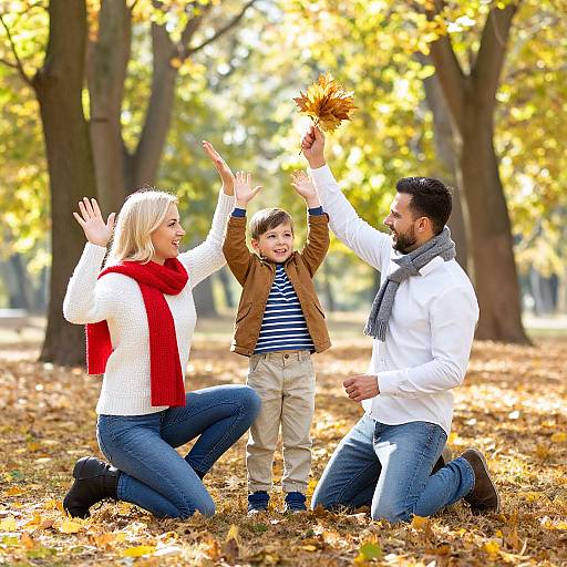 Photograph of a smiling family in autumn park, kneeling on fallen leaves, wearing white shirts, red and gray scarves, holding hands and a leaf