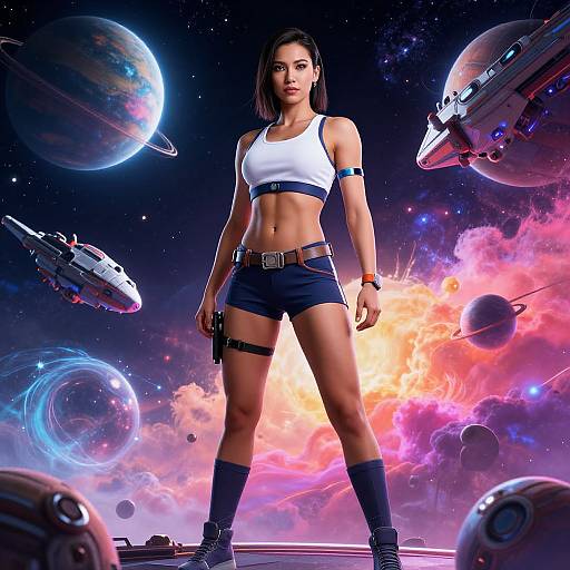Digital artwork of a muscular, brown-skinned woman in a white sports bra, navy shorts, and boots, standing confidently in a vibrant, colorful space