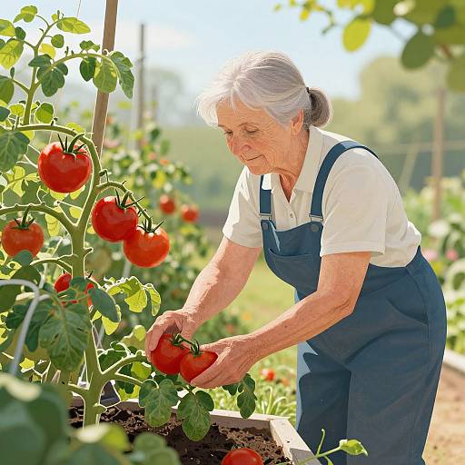 Photograph of an elderly white woman with gray hair, wearing blue overalls and a white shirt, picking ripe red tomatoes in a sunny, green garden
