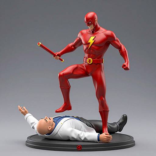 Red Superhero Fighting Scientist Statue