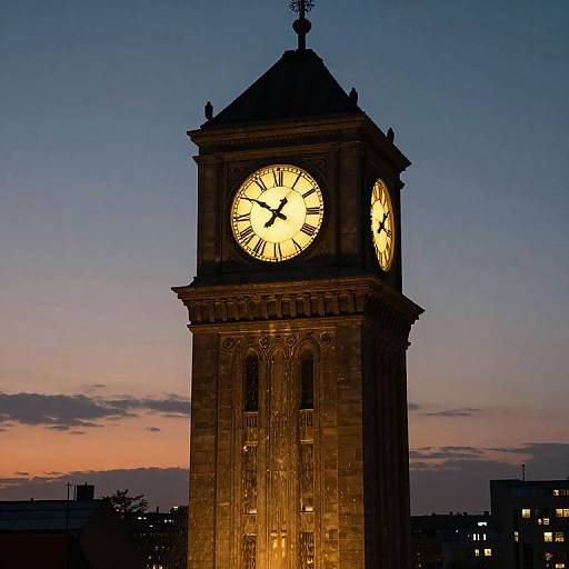Photograph of a lit clock tower at dusk, glowing yellow against a purple and orange sunset sky, with city buildings in the background.