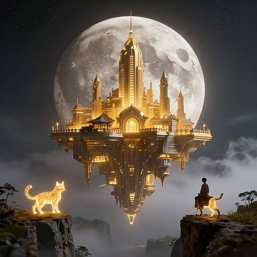 Digital art: A glowing, floating castle under a full moon, illuminated by golden lights. A person and a glowing cat stand on rocky cliffs, g