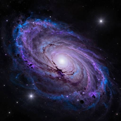 Photograph of a vibrant spiral galaxy with a bright white core, surrounded by purple and blue nebulous clouds, set against a star-studded black space