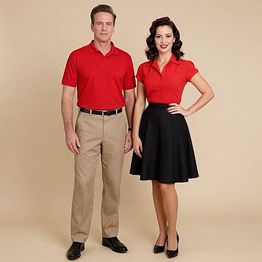 Photograph of a man and woman standing together against a beige background, both wearing red shirts and black skirts, with the man in beige pants and the