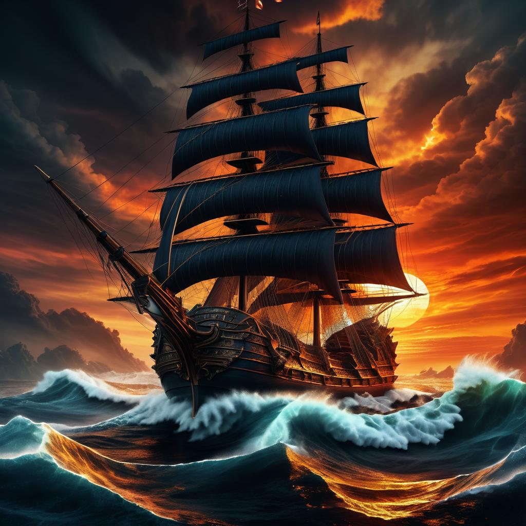 Ancient Warship at Sunset in Turbulent Seas