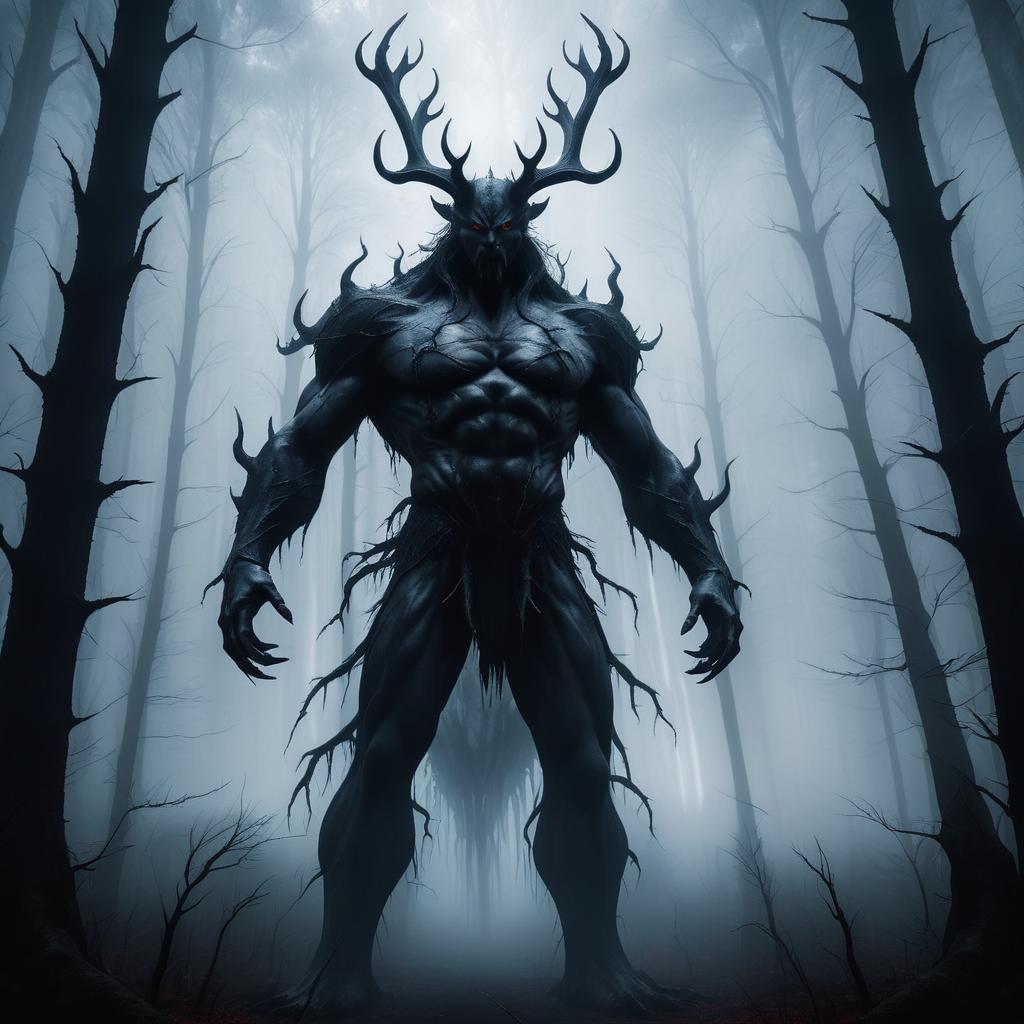 Eerie Demon in Foggy Forest Scene