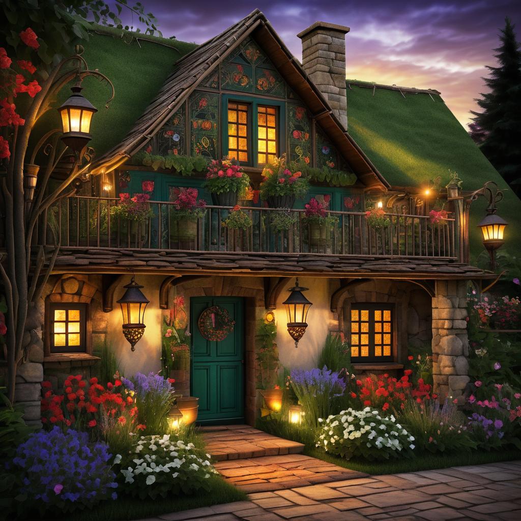 Charming Folk Art Cottage Scene