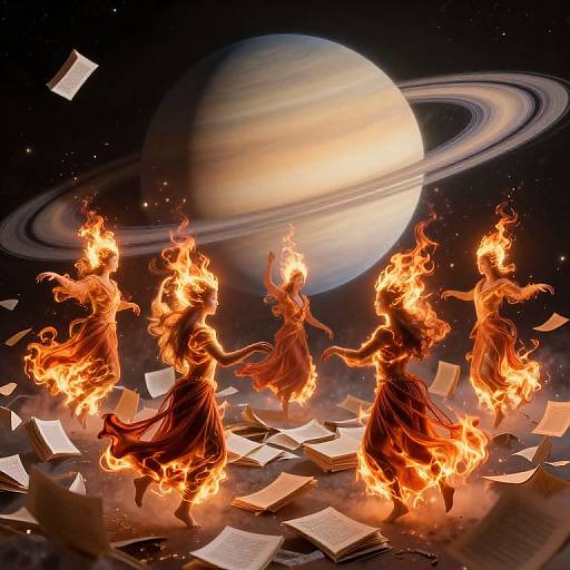 Digital artwork of four fiery, dancing figures in red skirts against a dark space background with Saturn, surrounded by floating books.