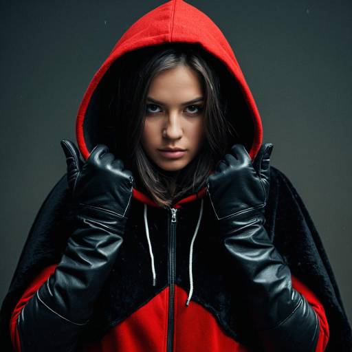 Woman in Red and Black Hooded Costume with Gloves