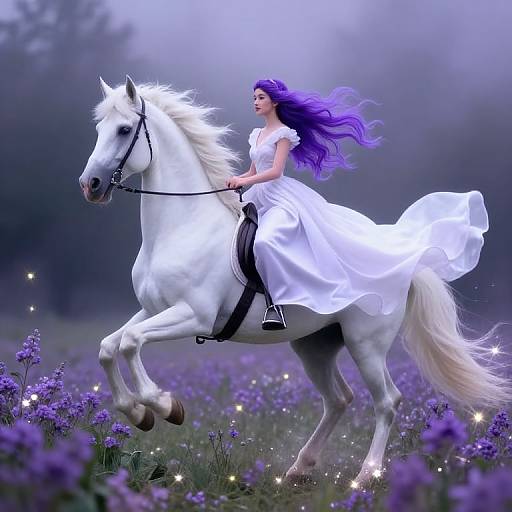 Digital artwork of a woman with long purple hair in a flowing white dress riding a white horse through a purple flower field.