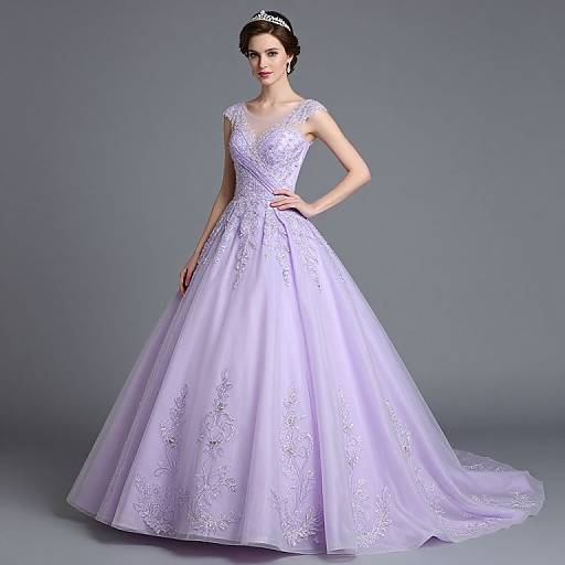 Photograph of a fair-skinned woman in a sleeveless, white, lace-embellished, full-skirted wedding gown with a trailing