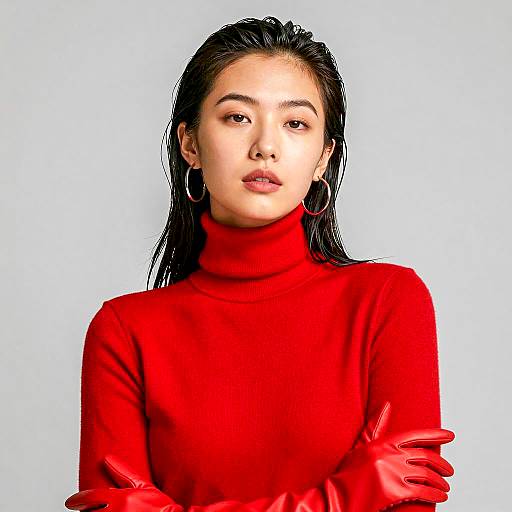 Striking Asian Woman in Red Turtleneck