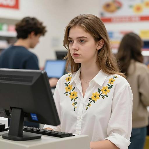 Retail Scene with Young Woman and Cash Register
