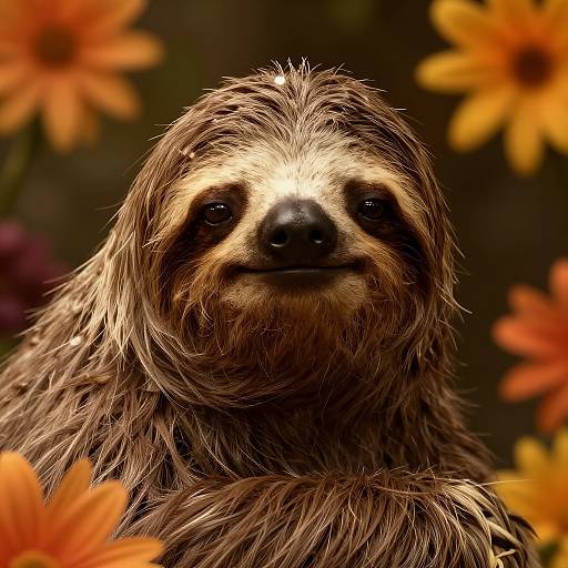 Close-up of Serene Sloth Portrait with Flowers