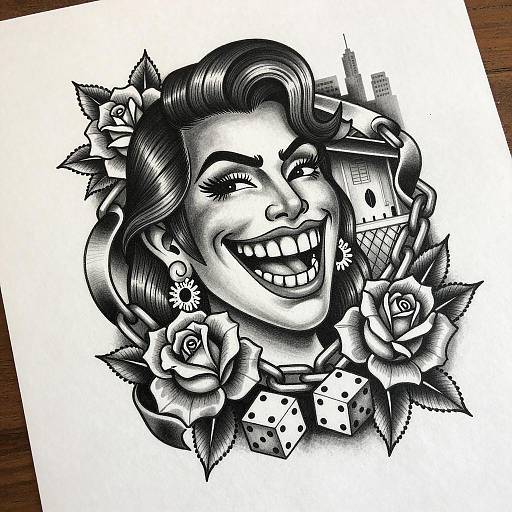 Chicano Art: Grinning Character and Roses